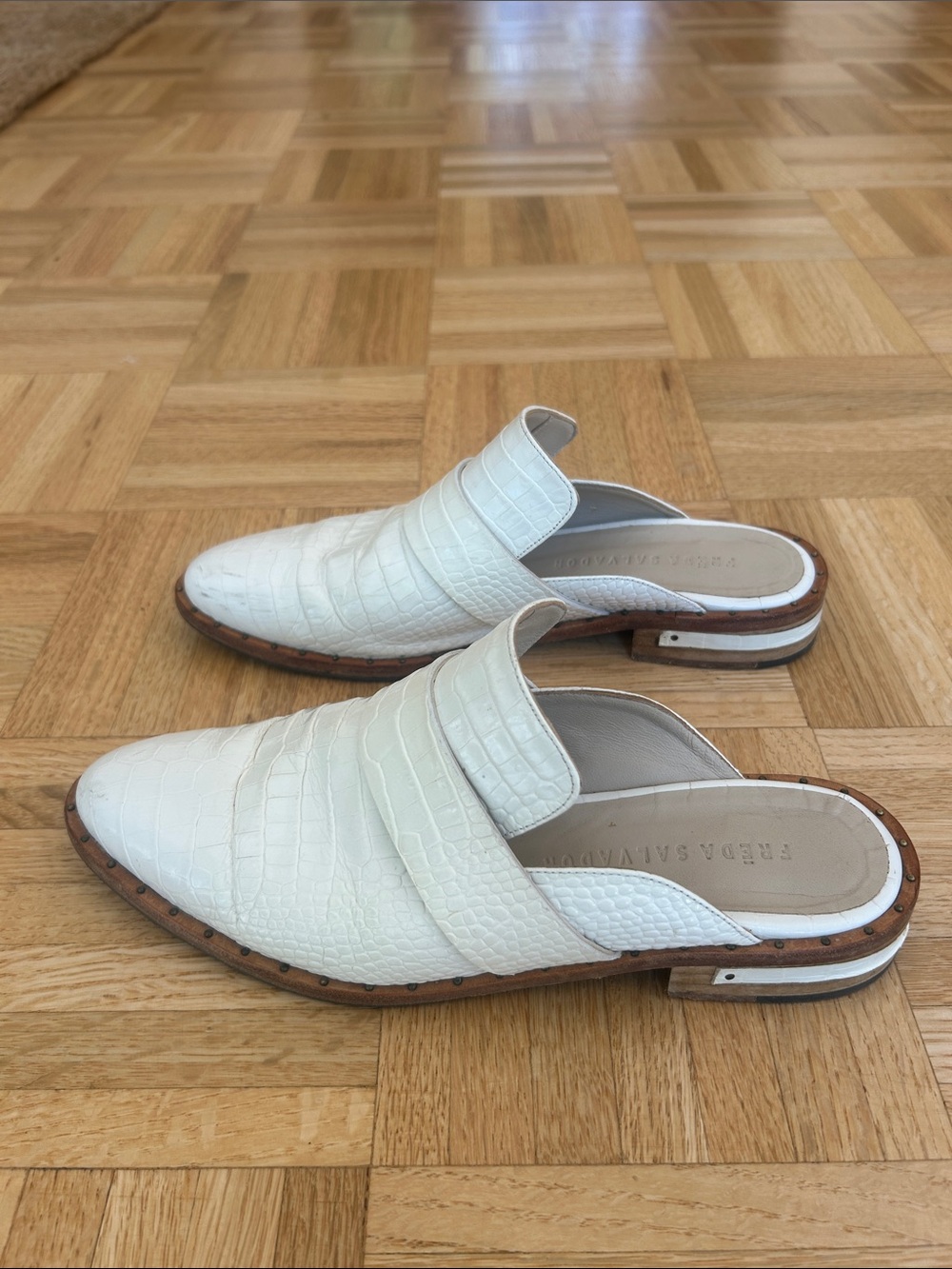 Freda Salvador white croc mules